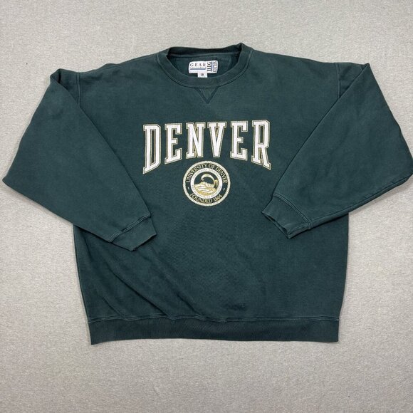 Vtg University of Denver Gear For Sports Cotton 90s Green Sweatshirt XXL Boxy - Picture 1 of 8